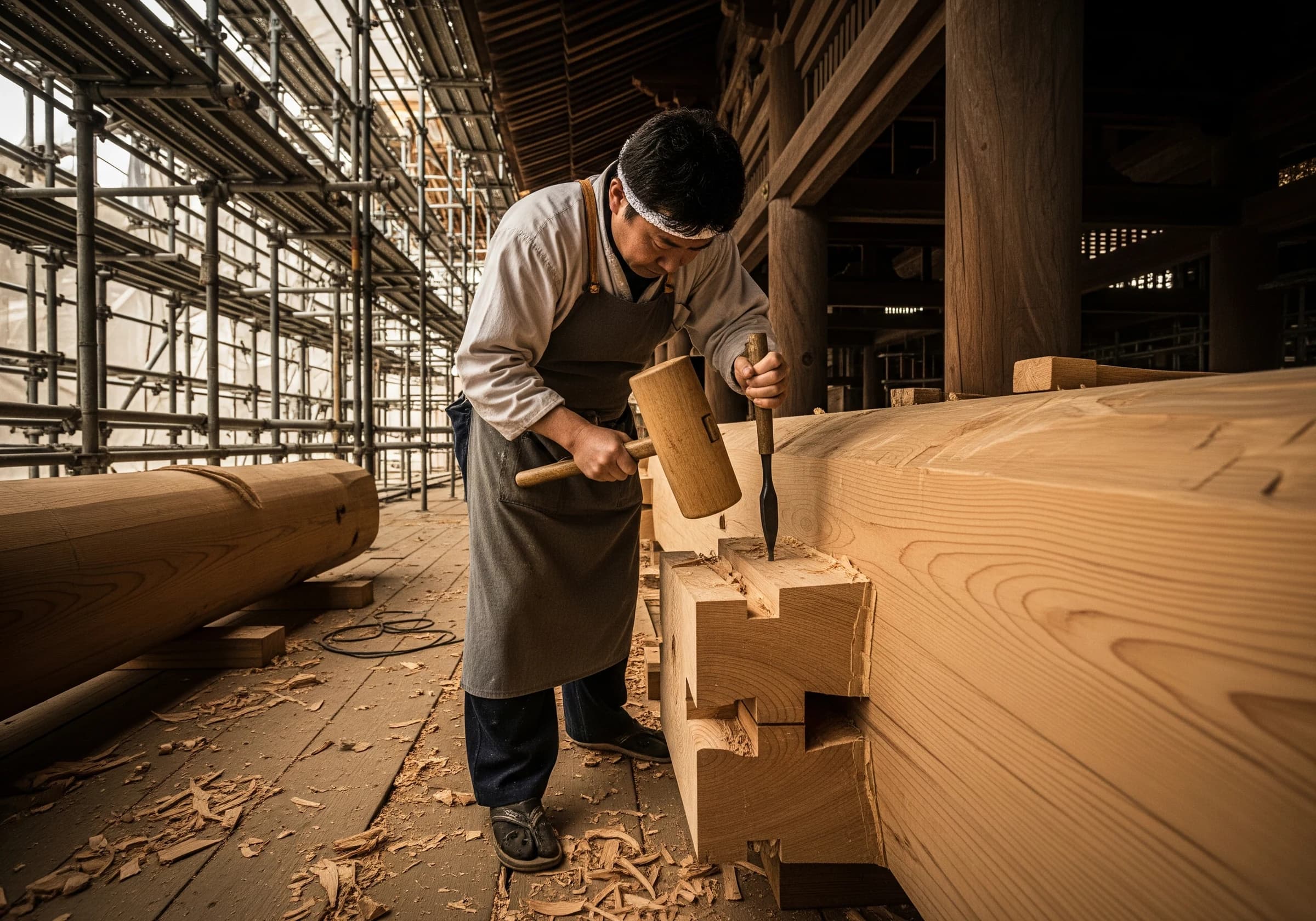 宮大工による寺社建築の修復作業