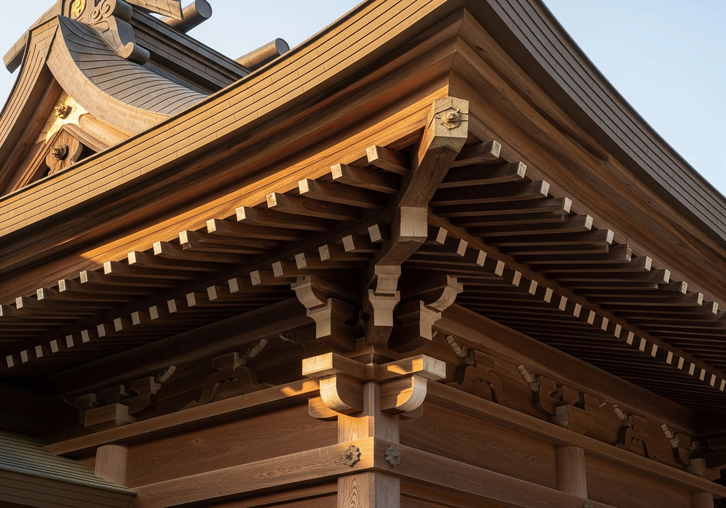 社殿の木組みと反り屋根の軒先